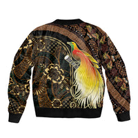 Papua New Guinea and Indonesia Batik Sleeve Zip Bomber Jacket Bird of Paradise with Tribal Batik Patterns