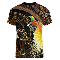 Papua New Guinea and Indonesia Batik Women V-Neck T-Shirt Bird of Paradise with Tribal Batik Patterns
