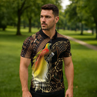 Papua New Guinea and Indonesia Batik Zipper Polo Shirt Bird of Paradise with Tribal Batik Patterns