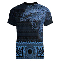 Fiji Palm Leaves Women V-Neck T-Shirt Masi and Tapa Tribal Pattern Blue Color