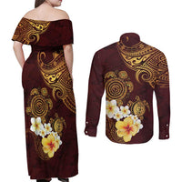 Polynesian Turtle Couples Matching Off Shoulder Maxi Dress and Long Sleeve Button Shirt Plumeria Hibiscus Pattern Oxblood LT03 - Polynesian Pride