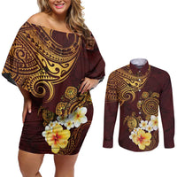Polynesian Turtle Couples Matching Off Shoulder Short Dress and Long Sleeve Button Shirt Plumeria Hibiscus Pattern Oxblood LT03 Oxblood - Polynesian Pride