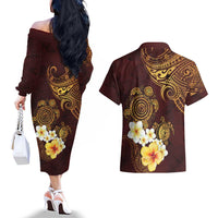 Polynesian Turtle Couples Matching Off The Shoulder Long Sleeve Dress and Hawaiian Shirt Plumeria Hibiscus Pattern Oxblood