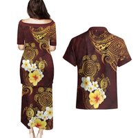 Polynesian Turtle Couples Matching Puletasi and Hawaiian Shirt Plumeria Hibiscus Pattern Oxblood
