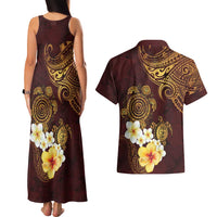 Polynesian Turtle Couples Matching Tank Maxi Dress and Hawaiian Shirt Plumeria Hibiscus Pattern Oxblood