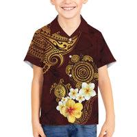 Polynesian Turtle Family Matching Puletasi and Hawaiian Shirt Plumeria Hibiscus Pattern Oxblood