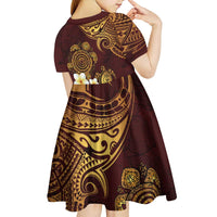 Polynesian Turtle Kid Short Sleeve Dress Plumeria Hibiscus Pattern Oxblood