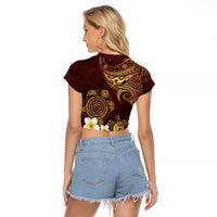Polynesian Turtle Raglan Cropped T Shirt Plumeria Hibiscus Pattern Oxblood