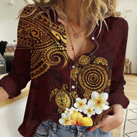 Polynesian Turtle Women Casual Shirt Plumeria Hibiscus Pattern Oxblood