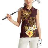 Polynesian Turtle Women Sleeveless Polo Shirt Plumeria Hibiscus Pattern Oxblood