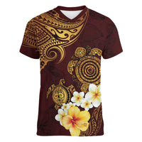 Polynesian Turtle Women V-Neck T-Shirt Plumeria Hibiscus Pattern Oxblood