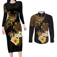 Polynesian Turtle Couples Matching Long Sleeve Bodycon Dress and Long Sleeve Button Shirt Plumeria Hibiscus Pattern Black Color LT03 Black - Polynesian Pride