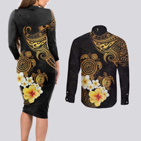 Polynesian Turtle Couples Matching Long Sleeve Bodycon Dress and Long Sleeve Button Shirt Plumeria Hibiscus Pattern Black Color LT03 - Polynesian Pride