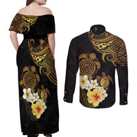 Polynesian Turtle Couples Matching Off Shoulder Maxi Dress and Long Sleeve Button Shirt Plumeria Hibiscus Pattern Black Color LT03 - Polynesian Pride