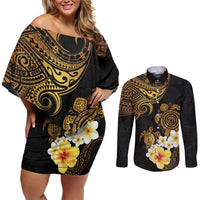Polynesian Turtle Couples Matching Off Shoulder Short Dress and Long Sleeve Button Shirt Plumeria Hibiscus Pattern Black Color LT03 Black - Polynesian Pride