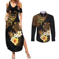 Polynesian Turtle Couples Matching Summer Maxi Dress and Long Sleeve Button Shirt Plumeria Hibiscus Pattern Black Color LT03 Black - Polynesian Pride