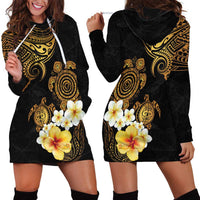Polynesian Turtle Hoodie Dress Plumeria Hibiscus Pattern Black Color LT03 - Polynesian Pride