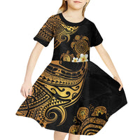 Polynesian Turtle Kid Short Sleeve Dress Plumeria Hibiscus Pattern Black Color