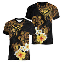 Polynesian Turtle Women V-Neck T-Shirt Plumeria Hibiscus Pattern Black Color