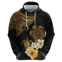Polynesian Turtle Zip Hoodie Plumeria Hibiscus Pattern Black Color
