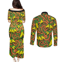 New Zealand Kowhai Flowers Couples Matching Puletasi and Long Sleeve Button Shirt Maori Koru Pattern LT03 - Polynesian Pride