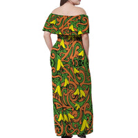 New Zealand Kowhai Flowers Off Shoulder Maxi Dress Maori Koru Pattern