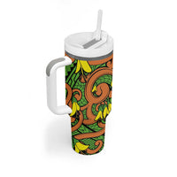 New Zealand Kowhai Flowers Tumbler With Handle Maori Koru Pattern LT03 - Polynesian Pride