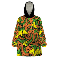 New Zealand Kowhai Flowers Wearable Blanket Hoodie Maori Koru Pattern LT03 One Size Orange - Polynesian Pride