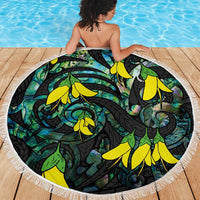 New Zealand Kowhai Flowers Beach Blanket Maori Koru Pattern With Paua Shell Style LT03 - Polynesian Pride
