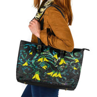 New Zealand Kowhai Flowers Leather Tote Bag Maori Koru Pattern With Paua Shell Style LT03 Black - Polynesian Pride