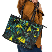 New Zealand Kowhai Flowers Leather Tote Bag Maori Koru Pattern With Paua Shell Style LT03 - Polynesian Pride