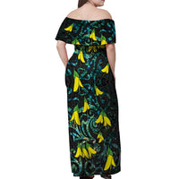 New Zealand Kowhai Flowers Off Shoulder Maxi Dress Maori Koru Pattern With Paua Shell Style