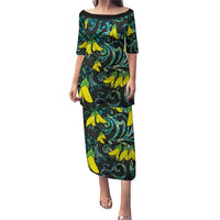 New Zealand Kowhai Flowers Puletasi Maori Koru Pattern With Paua Shell Style LT03 Long Dress Black - Polynesian Pride