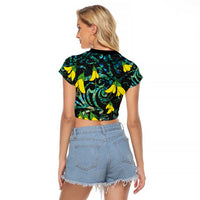 New Zealand Kowhai Flowers Raglan Cropped T Shirt Maori Koru Pattern With Paua Shell Style