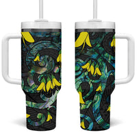 New Zealand Kowhai Flowers Tumbler With Handle Maori Koru Pattern With Paua Shell Style LT03 One Size: 40 oz Black - Polynesian Pride