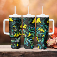 New Zealand Kowhai Flowers Tumbler With Handle Maori Koru Pattern With Paua Shell Style LT03 - Polynesian Pride