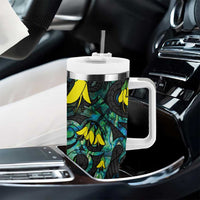 New Zealand Kowhai Flowers Tumbler With Handle Maori Koru Pattern With Paua Shell Style LT03 - Polynesian Pride