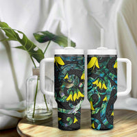 New Zealand Kowhai Flowers Tumbler With Handle Maori Koru Pattern With Paua Shell Style LT03 - Polynesian Pride