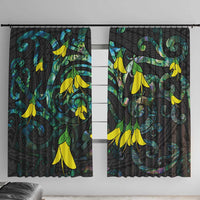 New Zealand Kowhai Flowers Window Curtain Maori Koru Pattern With Paua Shell Style LT03 With Hooks Black - Polynesian Pride