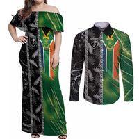 Custom Aotearoa South Africa Rugby Freedom Cup Couples Matching Off Shoulder Maxi Dress and Long Sleeve Button Shirt Maori Silver Fern Art and Sporty Flag SA - Polynesian Pride