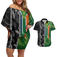 Custom Aotearoa South Africa Rugby Freedom Cup Couples Matching Off Shoulder Short Dress and Hawaiian Shirt Maori Silver Fern Art and Sporty Flag SA - Polynesian Pride