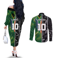Custom Aotearoa South Africa Rugby Freedom Cup Couples Matching Off The Shoulder Long Sleeve Dress and Long Sleeve Button Shirt Maori Silver Fern Art and Sporty Flag SA - Polynesian Pride
