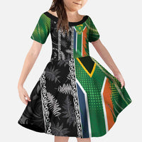 Custom Aotearoa South Africa Rugby Freedom Cup Family Matching Off Shoulder Maxi Dress and Hawaiian Shirt Maori Silver Fern Art and Sporty Flag SA - Polynesian Pride