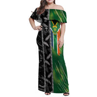 Custom Aotearoa South Africa Rugby Freedom Cup Family Matching Off Shoulder Maxi Dress and Hawaiian Shirt Maori Silver Fern Art and Sporty Flag SA - Polynesian Pride