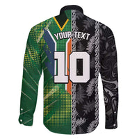 Custom Aotearoa South Africa Rugby Freedom Cup Family Matching Off Shoulder Short Dress and Hawaiian Shirt Maori Silver Fern Art and Sporty Flag SA - Polynesian Pride