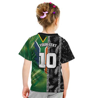 Custom Aotearoa South Africa Rugby Freedom Cup Kid T Shirt Maori Silver Fern Art and Sporty Flag SA - Polynesian Pride