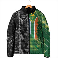 Custom Aotearoa South Africa Rugby Freedom Cup Padded Jacket Maori Silver Fern Art and Sporty Flag SA - Polynesian Pride