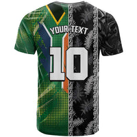 Custom Aotearoa South Africa Rugby Freedom Cup T Shirt Maori Silver Fern Art and Sporty Flag SA - Polynesian Pride