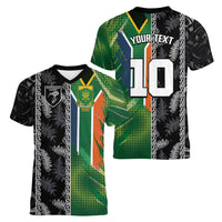 Custom Aotearoa South Africa Rugby Freedom Cup Women V-Neck T-Shirt Maori Silver Fern Art and Sporty Flag SA - Polynesian Pride