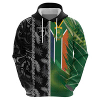 Custom Aotearoa South Africa Rugby Freedom Cup Zip Hoodie Maori Silver Fern Art and Sporty Flag SA - Polynesian Pride